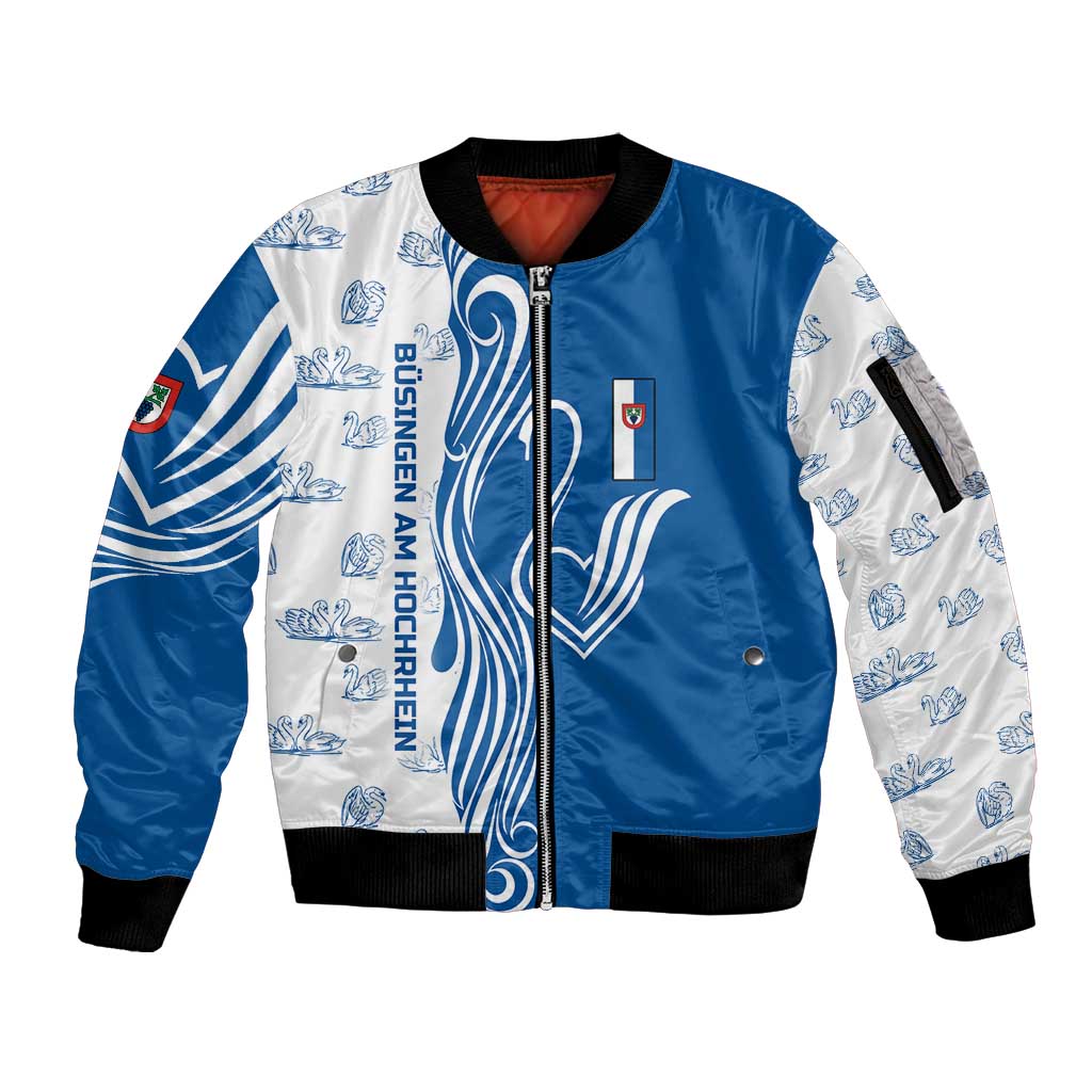 Busingen am Hochrhein Germany Sleeve Zip Bomber Jacket with Swan Pattern and Blue White Heart Design - Wonder Print Shop
