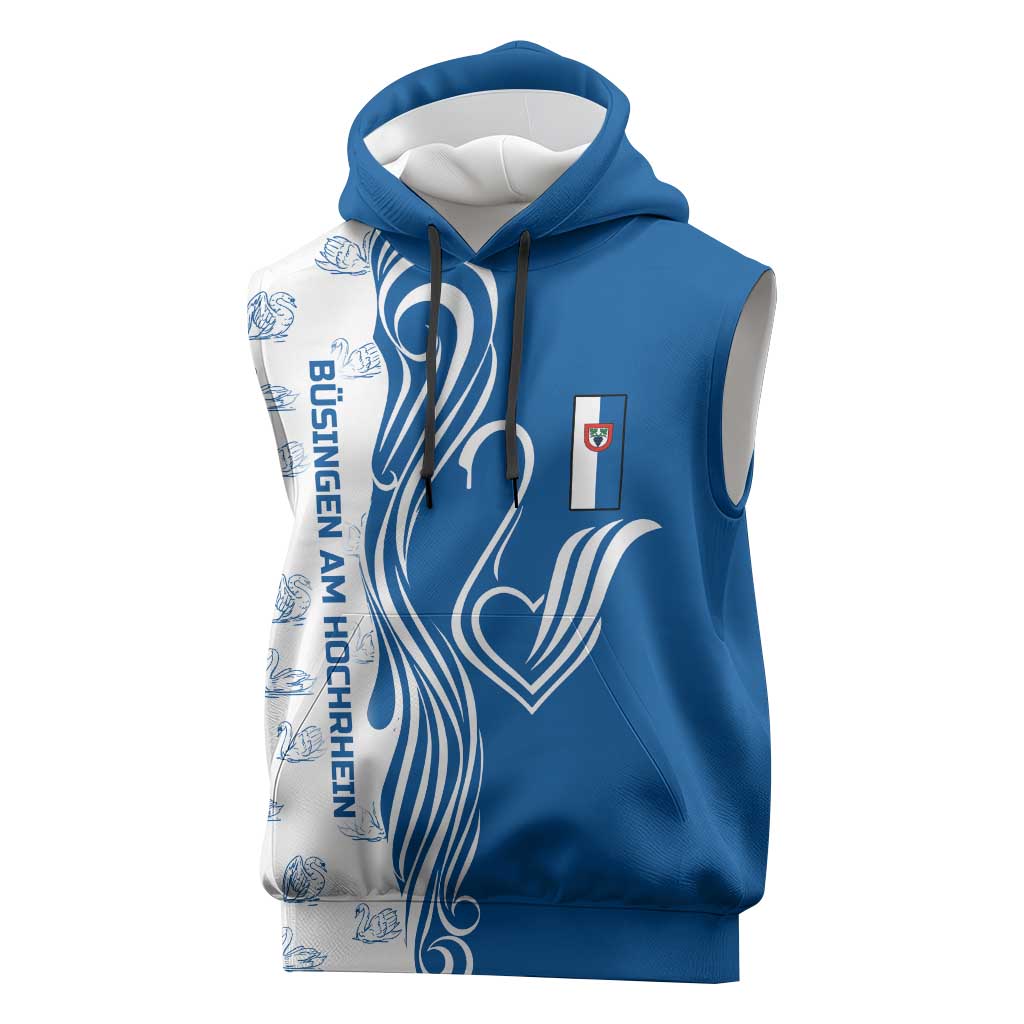 Busingen am Hochrhein Germany Sleeveless Hoodie with Swan Pattern and Blue White Heart Design - Wonder Print Shop