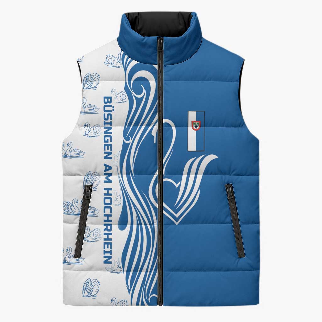 Busingen am Hochrhein Germany Sleeveless Puffer Jacket with Swan Pattern and Blue White Heart Design - Wonder Print Shop