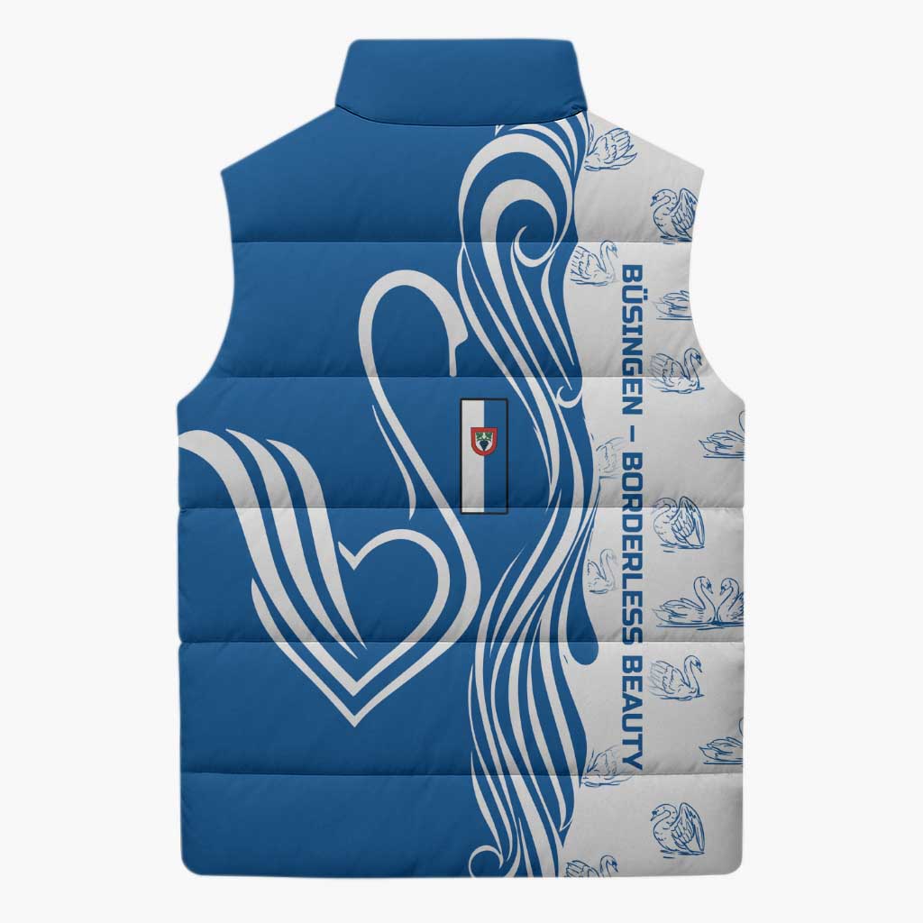 Busingen am Hochrhein Germany Sleeveless Puffer Jacket with Swan Pattern and Blue White Heart Design - Wonder Print Shop