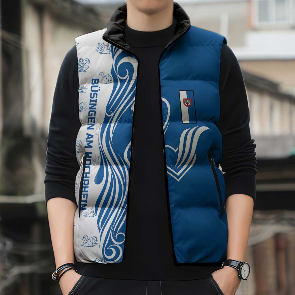 Busingen am Hochrhein Germany Sleeveless Puffer Jacket with Swan Pattern and Blue White Heart Design - Wonder Print Shop
