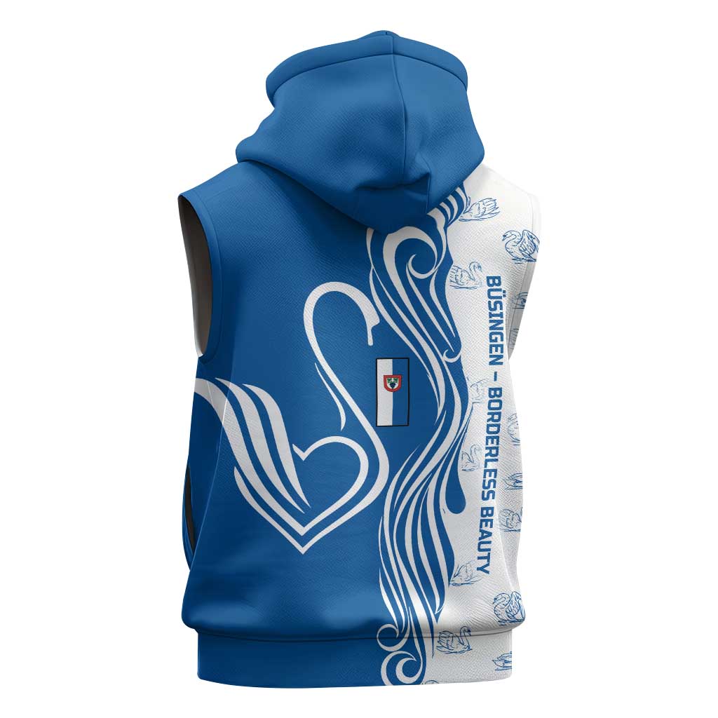 Busingen am Hochrhein Germany Sleeveless Zip Hoodie with Swan Pattern and Blue White Heart Design - Wonder Print Shop