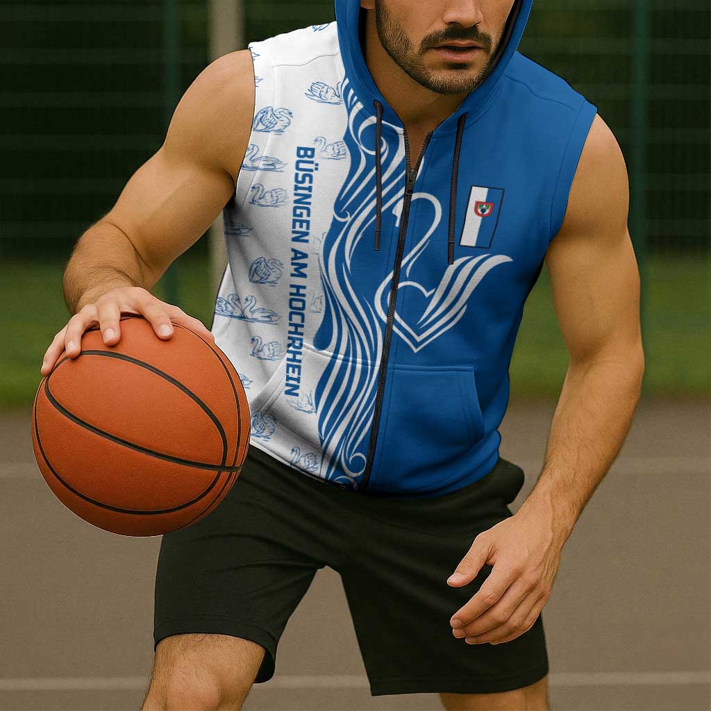 Busingen am Hochrhein Germany Sleeveless Zip Hoodie with Swan Pattern and Blue White Heart Design - Wonder Print Shop