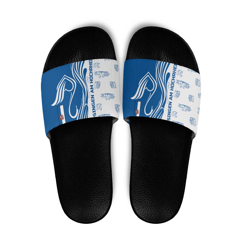 Busingen am Hochrhein Germany Slide Sandals with Swan Pattern and Blue White Heart Design - Wonder Print Shop