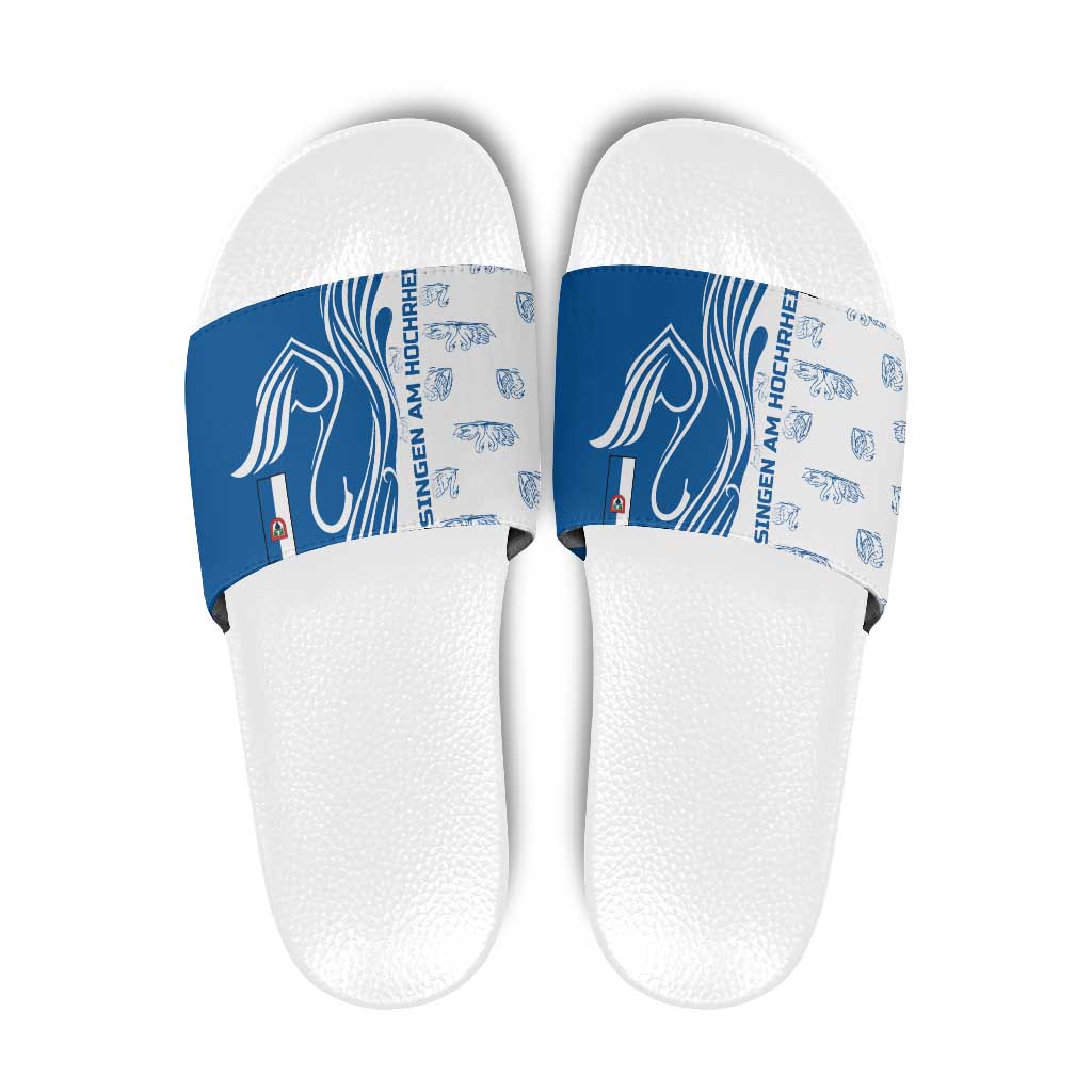 Busingen am Hochrhein Germany Slide Sandals with Swan Pattern and Blue White Heart Design - Wonder Print Shop