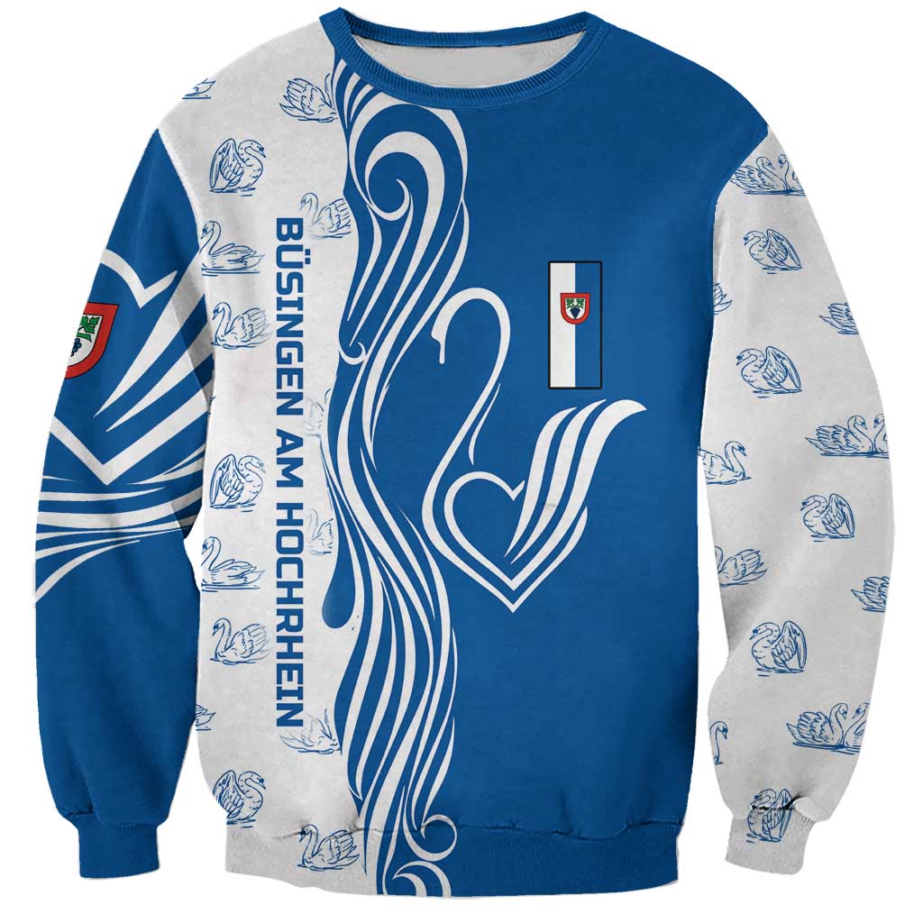 Busingen am Hochrhein Germany Sweatshirt with Swan Pattern and Blue White Heart Design - Wonder Print Shop