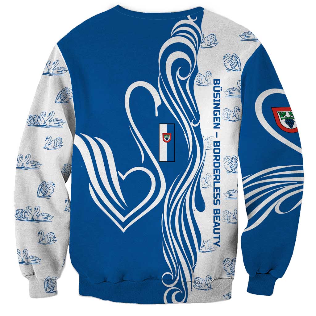 Busingen am Hochrhein Germany Sweatshirt with Swan Pattern and Blue White Heart Design - Wonder Print Shop