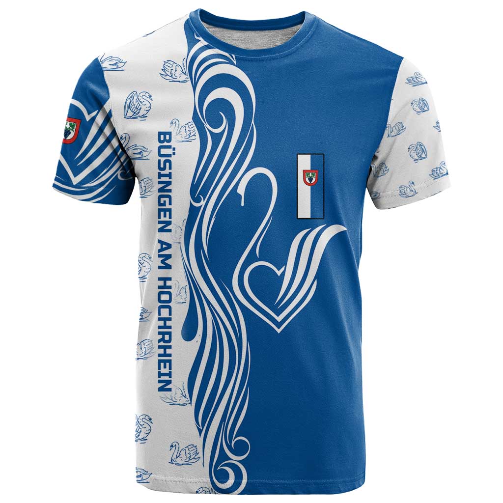 Busingen am Hochrhein Germany T Shirt with Swan Pattern and Blue White Heart Design - Wonder Print Shop