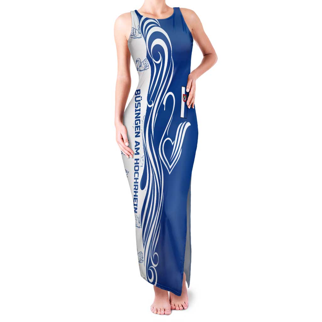Busingen am Hochrhein Germany Tank Maxi Dress with Swan Pattern and Blue White Heart Design - Wonder Print Shop