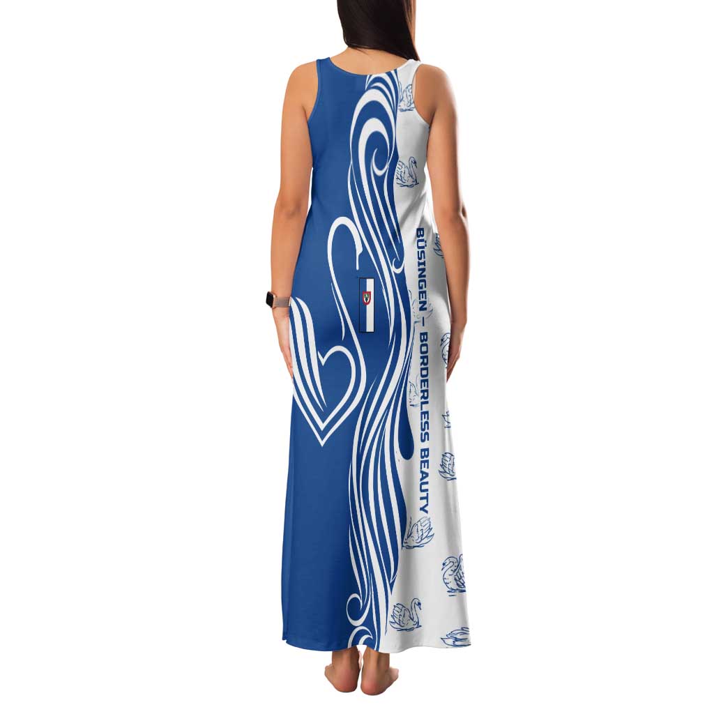 Busingen am Hochrhein Germany Tank Maxi Dress with Swan Pattern and Blue White Heart Design - Wonder Print Shop