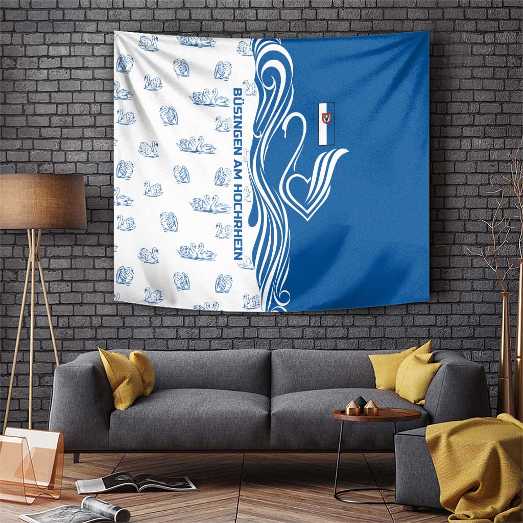 Busingen am Hochrhein Germany Tapestry with Swan Pattern and Blue White Heart Design - Wonder Print Shop