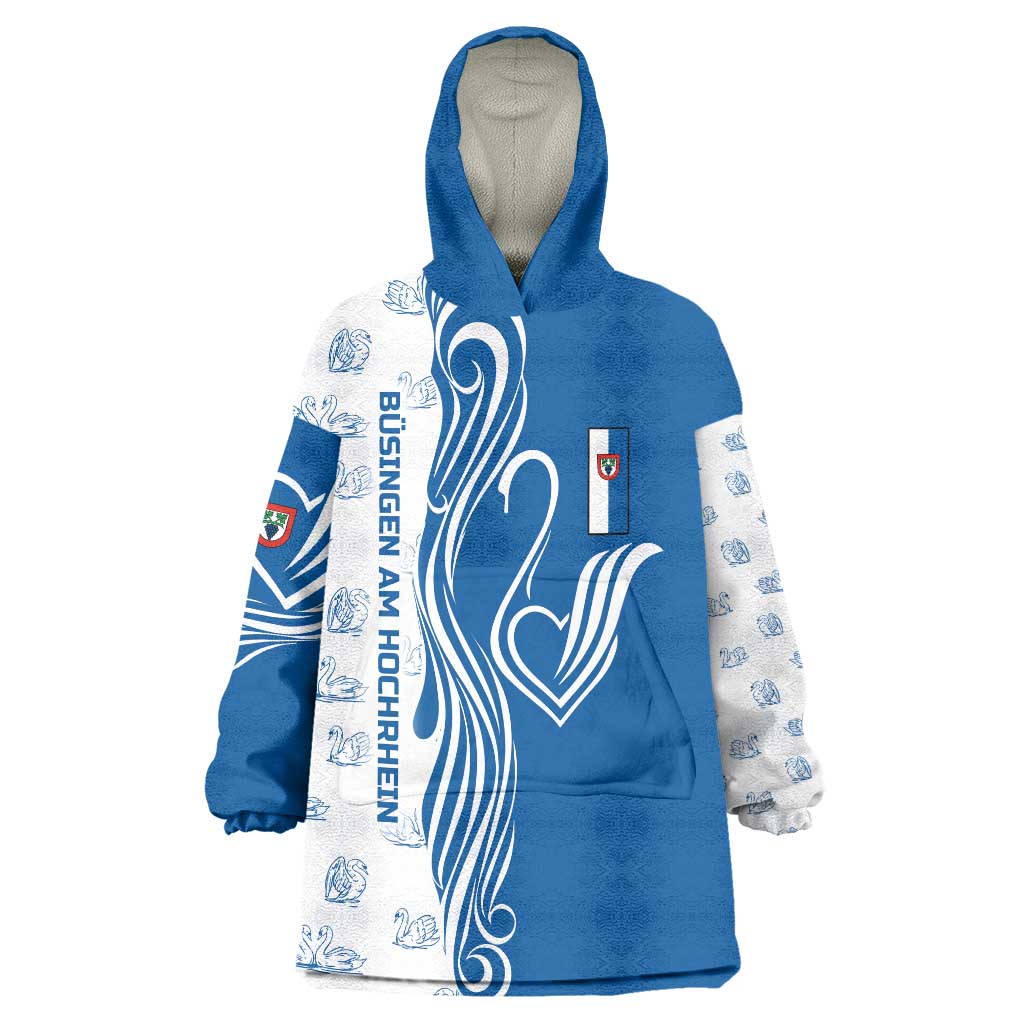 Busingen am Hochrhein Germany Wearable Blanket Hoodie with Swan Pattern and Blue White Heart Design - Wonder Print Shop