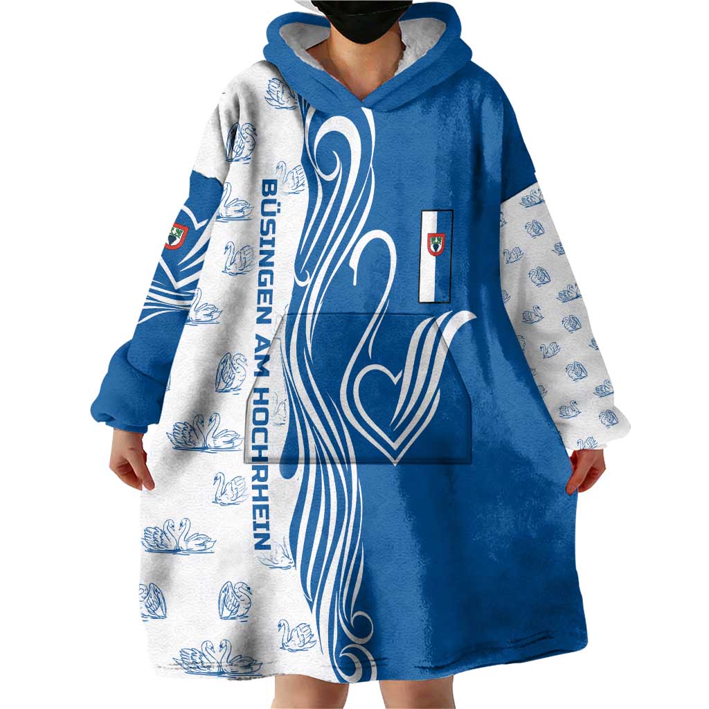 Busingen am Hochrhein Germany Wearable Blanket Hoodie with Swan Pattern and Blue White Heart Design - Wonder Print Shop