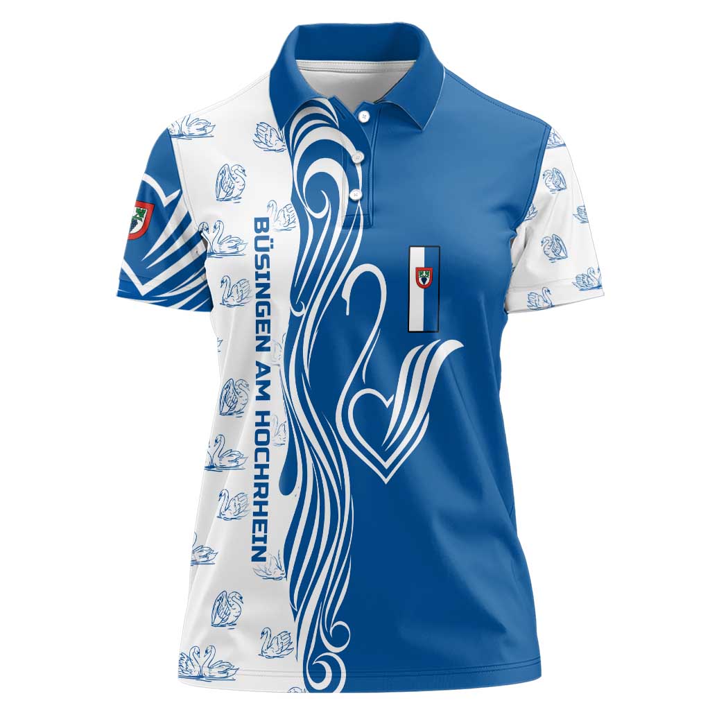 Busingen am Hochrhein Germany Women Polo Shirt with Swan Pattern and Blue White Heart Design - Wonder Print Shop