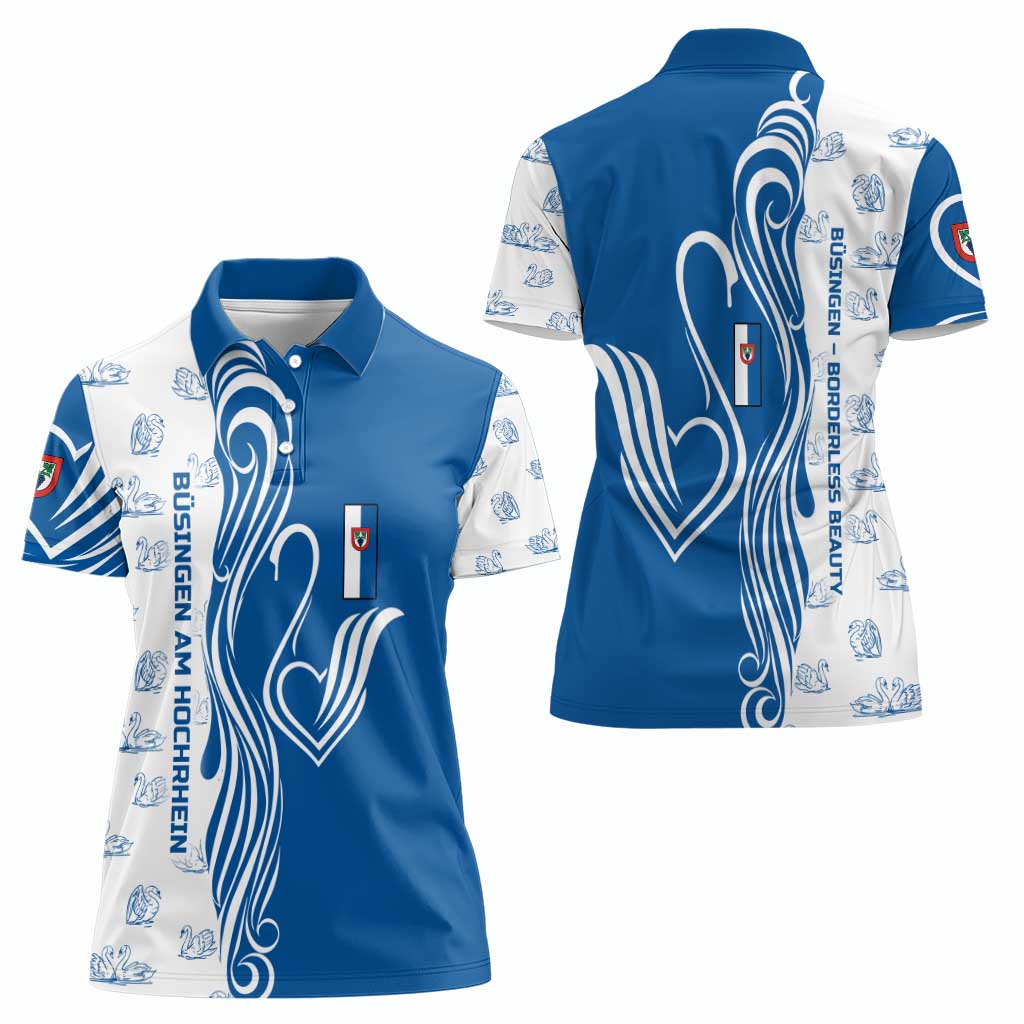 Busingen am Hochrhein Germany Women Polo Shirt with Swan Pattern and Blue White Heart Design - Wonder Print Shop