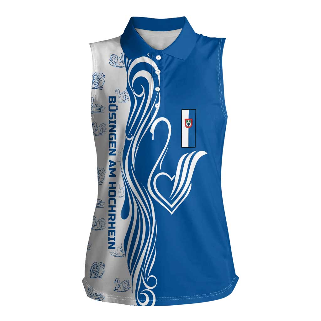 Busingen am Hochrhein Germany Women Sleeveless Polo Shirt with Swan Pattern and Blue White Heart Design - Wonder Print Shop