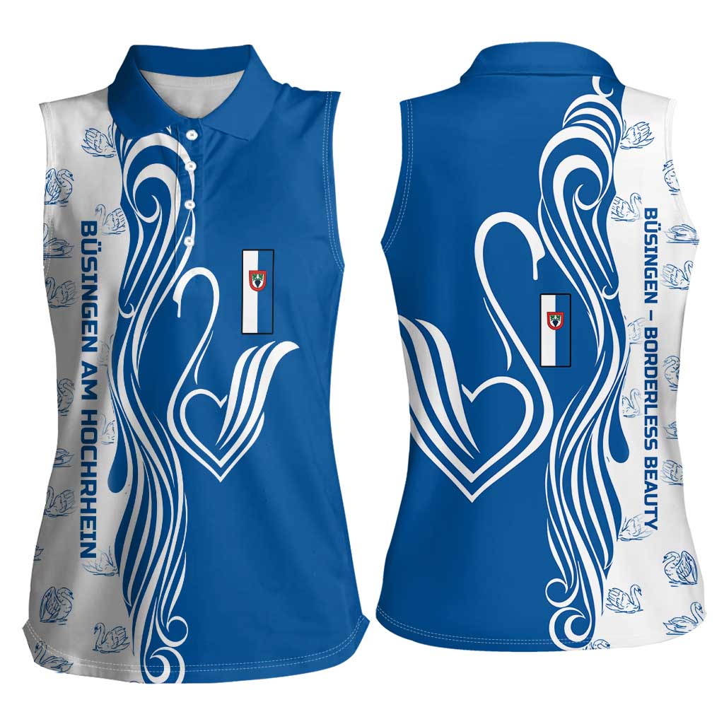 Busingen am Hochrhein Germany Women Sleeveless Polo Shirt with Swan Pattern and Blue White Heart Design - Wonder Print Shop