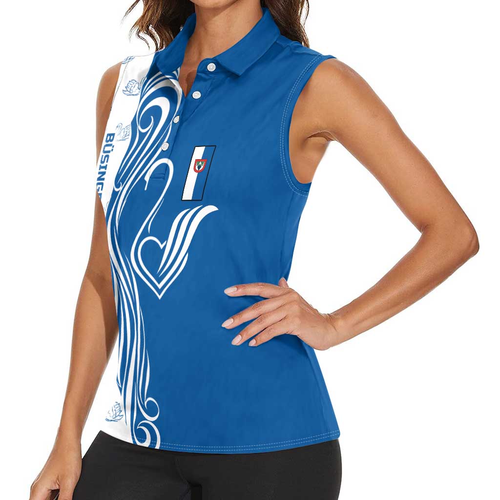 Busingen am Hochrhein Germany Women Sleeveless Polo Shirt with Swan Pattern and Blue White Heart Design - Wonder Print Shop