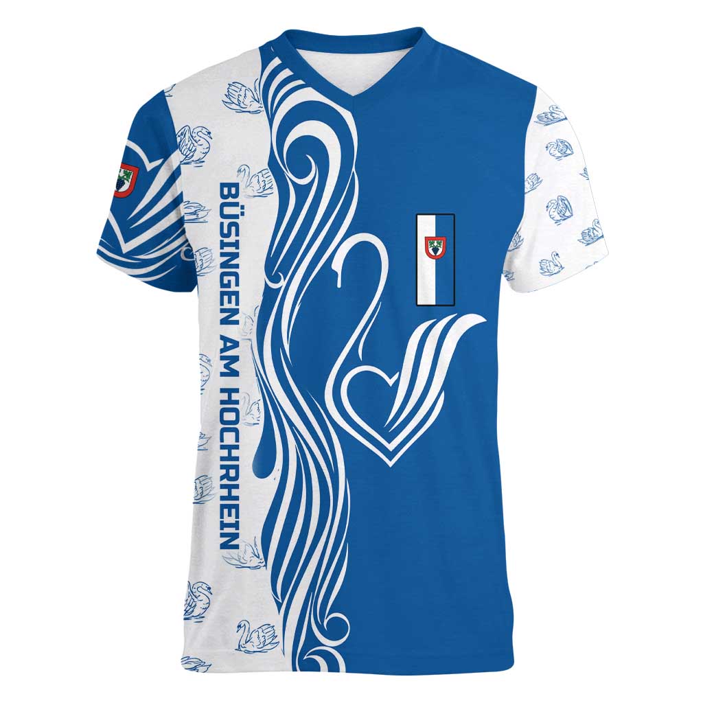 Busingen am Hochrhein Germany Women V-Neck T-Shirt with Swan Pattern and Blue White Heart Design - Wonder Print Shop
