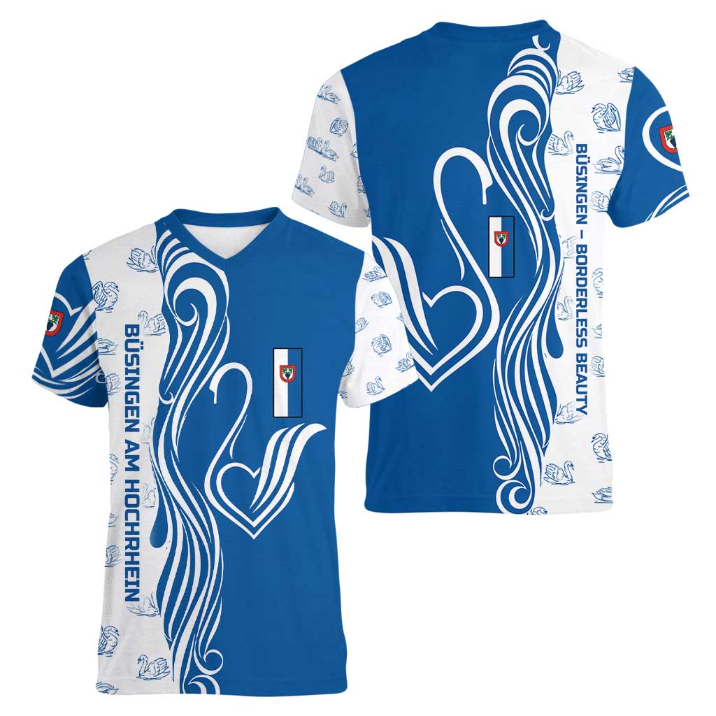 Busingen am Hochrhein Germany Women V-Neck T-Shirt with Swan Pattern and Blue White Heart Design - Wonder Print Shop