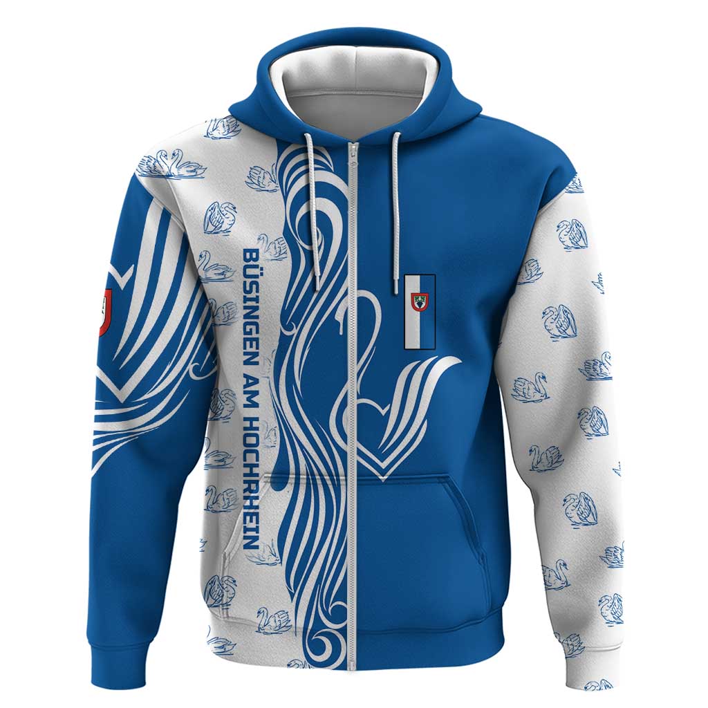 Busingen am Hochrhein Germany Zip Hoodie with Swan Pattern and Blue White Heart Design - Wonder Print Shop