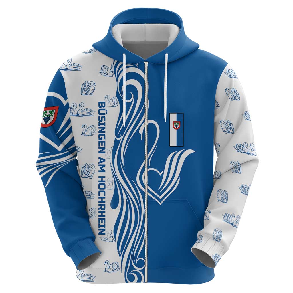 Busingen am Hochrhein Germany Zip Hoodie with Swan Pattern and Blue White Heart Design - Wonder Print Shop