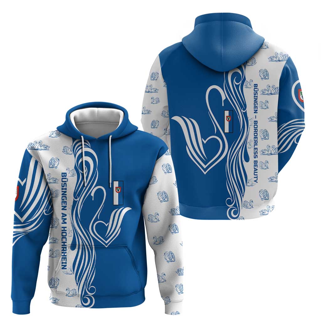 Busingen am Hochrhein Germany Zip Hoodie with Swan Pattern and Blue White Heart Design - Wonder Print Shop