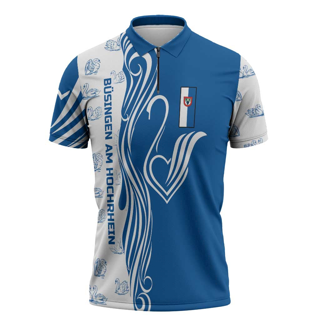 Busingen am Hochrhein Germany Zipper Polo Shirt with Swan Pattern and Blue White Heart Design - Wonder Print Shop