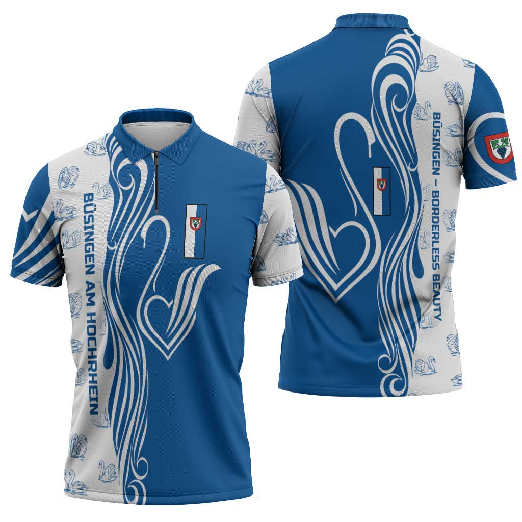 Busingen am Hochrhein Germany Zipper Polo Shirt with Swan Pattern and Blue White Heart Design - Wonder Print Shop
