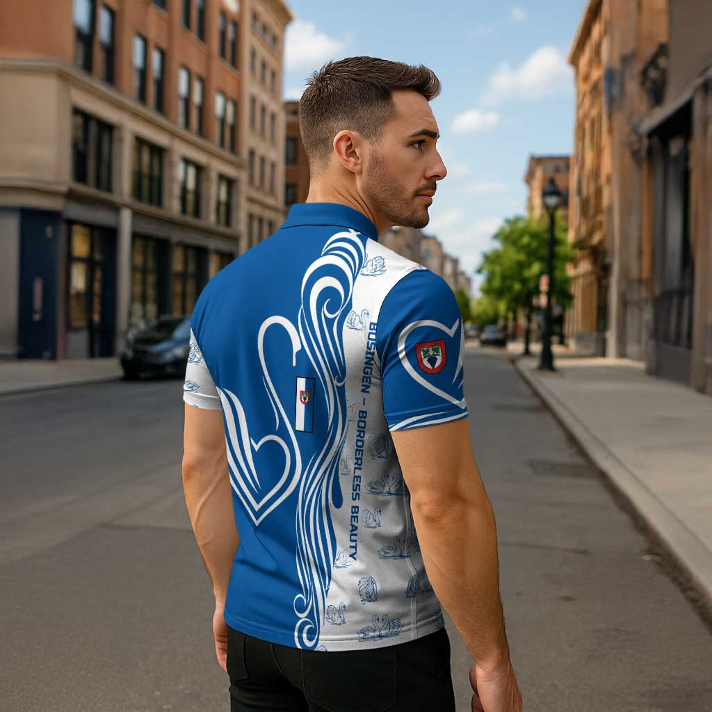 Busingen am Hochrhein Germany Zipper Polo Shirt with Swan Pattern and Blue White Heart Design - Wonder Print Shop