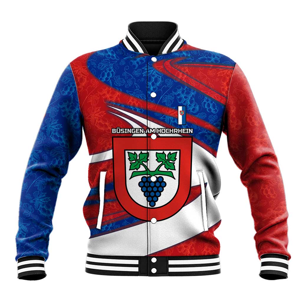 Busingen am Hochrhein Germany Baseball Jacket with Grape Crest Design and Red Blue Wine Theme - Wonder Print Shop