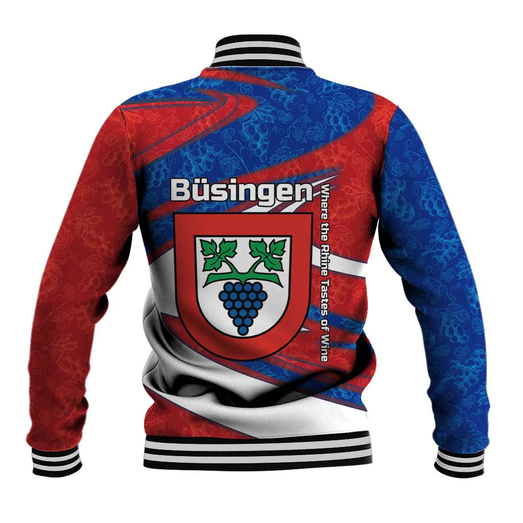 Busingen am Hochrhein Germany Baseball Jacket with Grape Crest Design and Red Blue Wine Theme - Wonder Print Shop