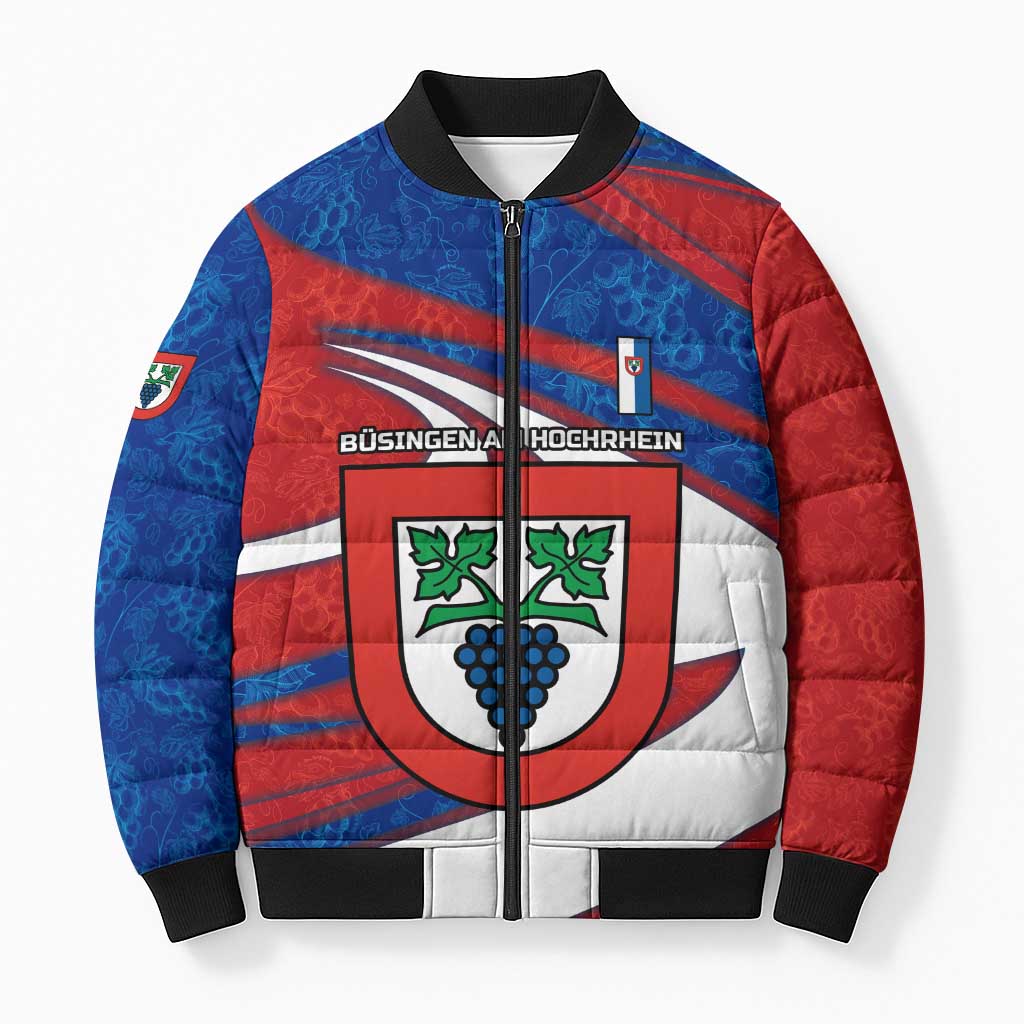 Busingen am Hochrhein Germany Bomber Puffer Jacket with Grape Crest Design and Red Blue Wine Theme - Wonder Print Shop