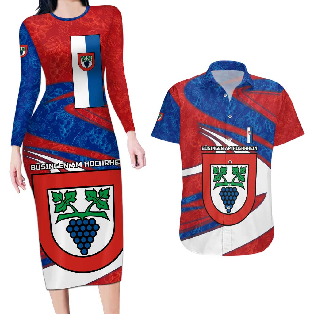 Busingen am Hochrhein Germany Couples Matching Long Sleeve Bodycon Dress and Hawaiian Shirt with Grape Crest Design and Red Blue Wine Theme - Wonder Print Shop