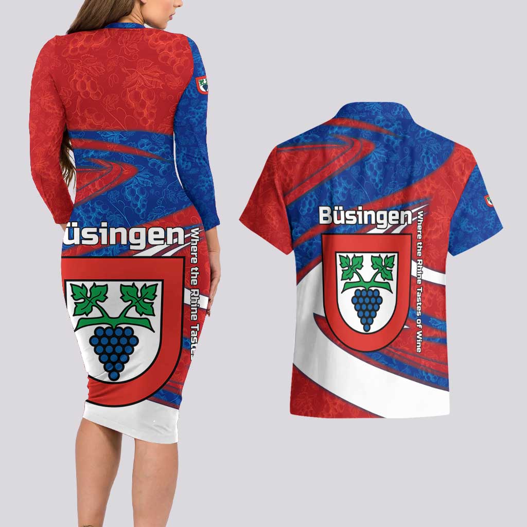Busingen am Hochrhein Germany Couples Matching Long Sleeve Bodycon Dress and Hawaiian Shirt with Grape Crest Design and Red Blue Wine Theme - Wonder Print Shop
