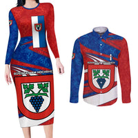Busingen am Hochrhein Germany Couples Matching Long Sleeve Bodycon Dress and Long Sleeve Button Shirt with Grape Crest Design and Red Blue Wine Theme - Wonder Print Shop