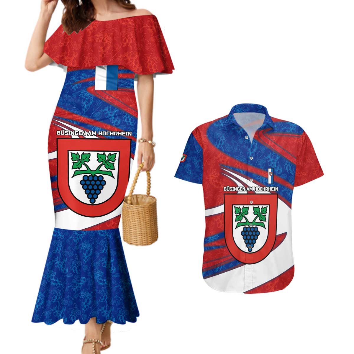 Busingen am Hochrhein Germany Couples Matching Mermaid Dress and Hawaiian Shirt with Grape Crest Design and Red Blue Wine Theme - Wonder Print Shop