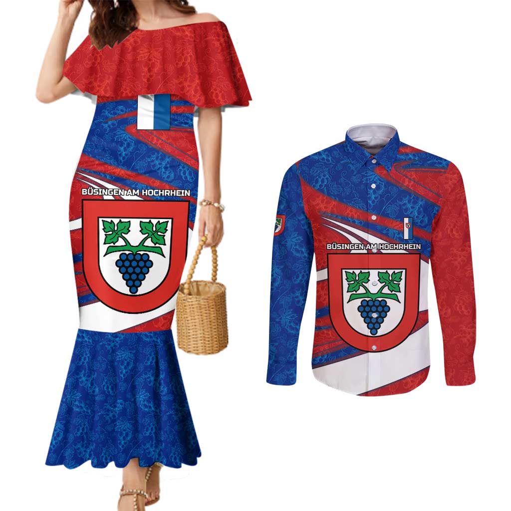 Busingen am Hochrhein Germany Couples Matching Mermaid Dress and Long Sleeve Button Shirt with Grape Crest Design and Red Blue Wine Theme - Wonder Print Shop