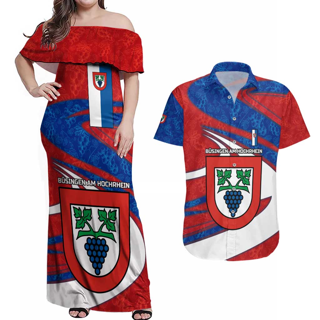 Busingen am Hochrhein Germany Couples Matching Off Shoulder Maxi Dress and Hawaiian Shirt with Grape Crest Design and Red Blue Wine Theme - Wonder Print Shop