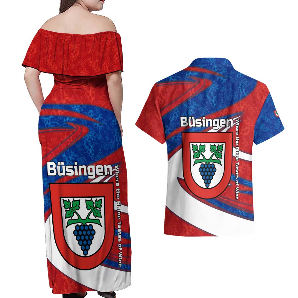 Busingen am Hochrhein Germany Couples Matching Off Shoulder Maxi Dress and Hawaiian Shirt with Grape Crest Design and Red Blue Wine Theme - Wonder Print Shop