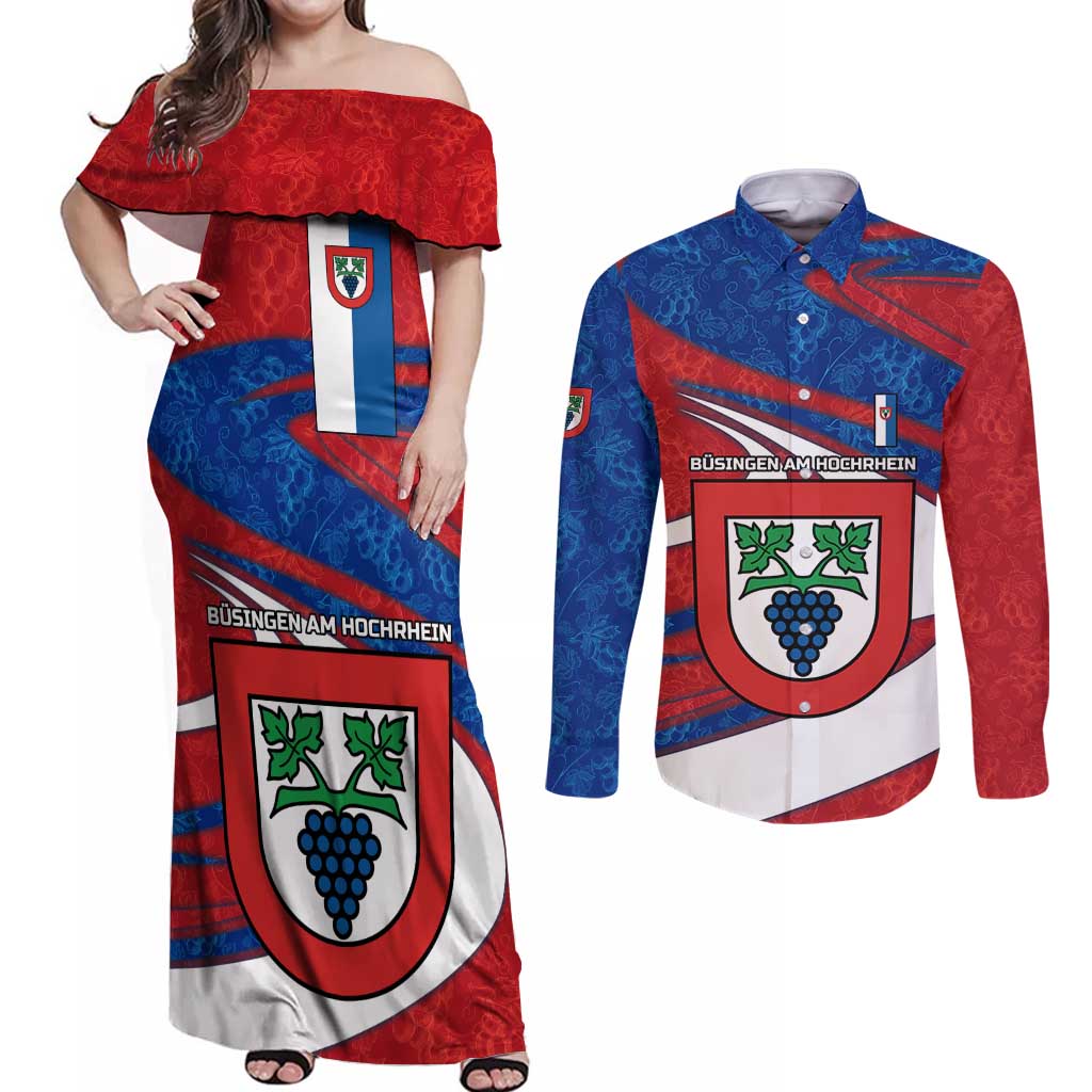 Busingen am Hochrhein Germany Couples Matching Off Shoulder Maxi Dress and Long Sleeve Button Shirt with Grape Crest Design and Red Blue Wine Theme - Wonder Print Shop