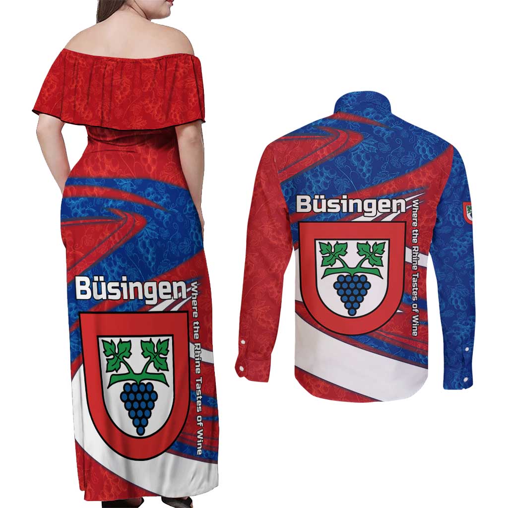 Busingen am Hochrhein Germany Couples Matching Off Shoulder Maxi Dress and Long Sleeve Button Shirt with Grape Crest Design and Red Blue Wine Theme - Wonder Print Shop