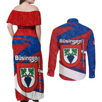 Busingen am Hochrhein Germany Couples Matching Off Shoulder Maxi Dress and Long Sleeve Button Shirt with Grape Crest Design and Red Blue Wine Theme - Wonder Print Shop