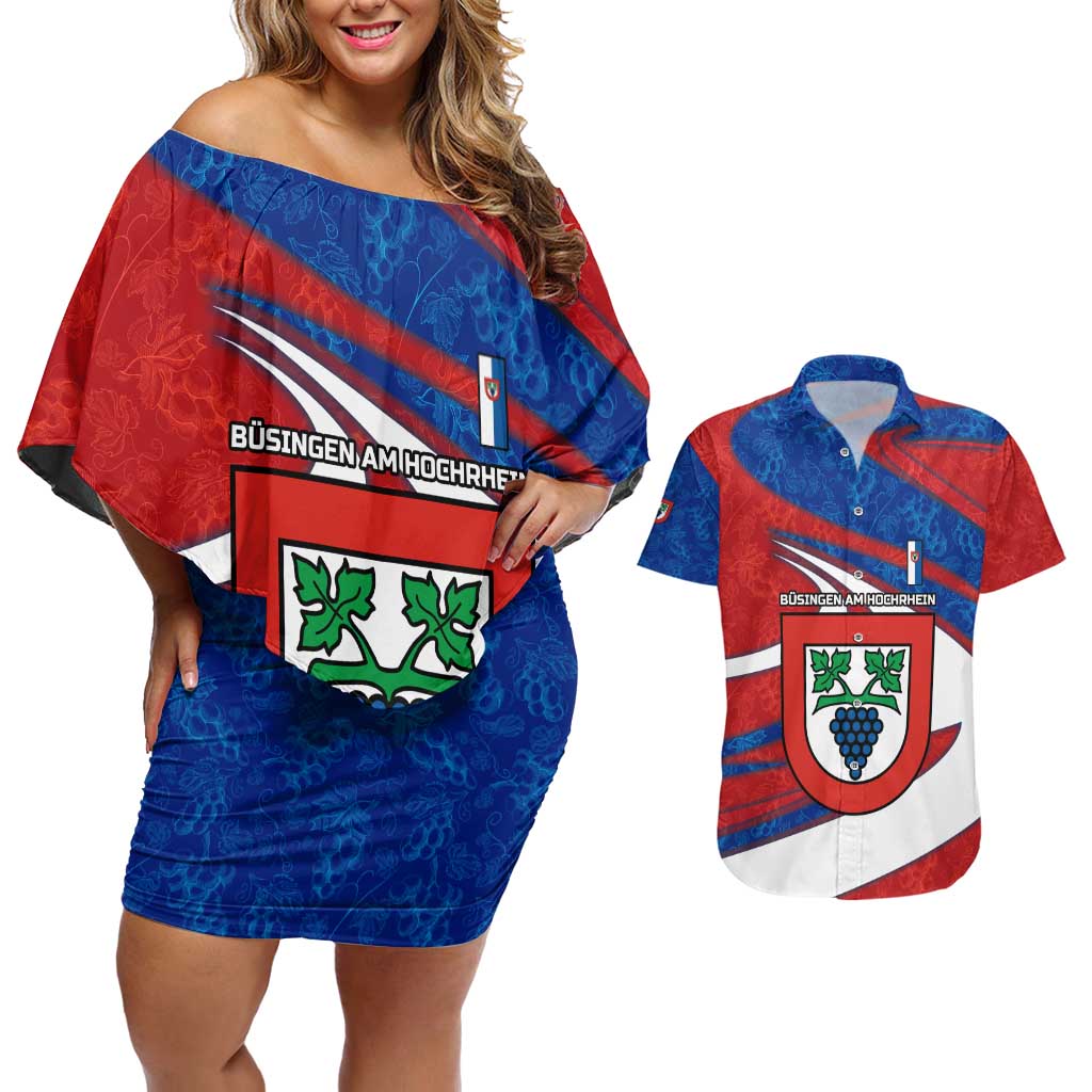 Busingen am Hochrhein Germany Couples Matching Off Shoulder Short Dress and Hawaiian Shirt with Grape Crest Design and Red Blue Wine Theme - Wonder Print Shop