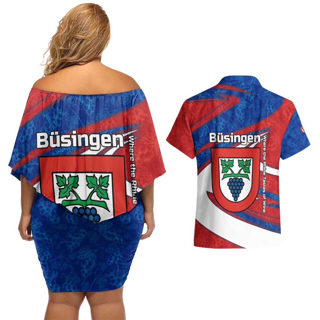 Busingen am Hochrhein Germany Couples Matching Off Shoulder Short Dress and Hawaiian Shirt with Grape Crest Design and Red Blue Wine Theme - Wonder Print Shop