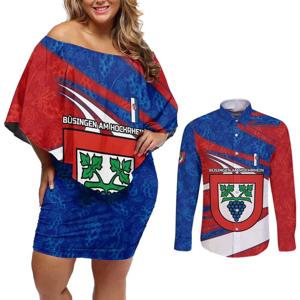Busingen am Hochrhein Germany Couples Matching Off Shoulder Short Dress and Long Sleeve Button Shirt with Grape Crest Design and Red Blue Wine Theme - Wonder Print Shop