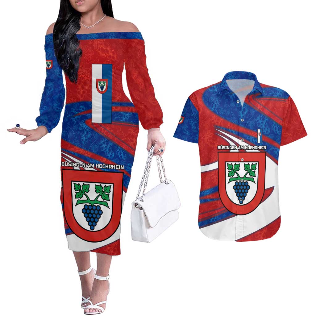 Busingen am Hochrhein Germany Couples Matching Off The Shoulder Long Sleeve Dress and Hawaiian Shirt with Grape Crest Design and Red Blue Wine Theme - Wonder Print Shop