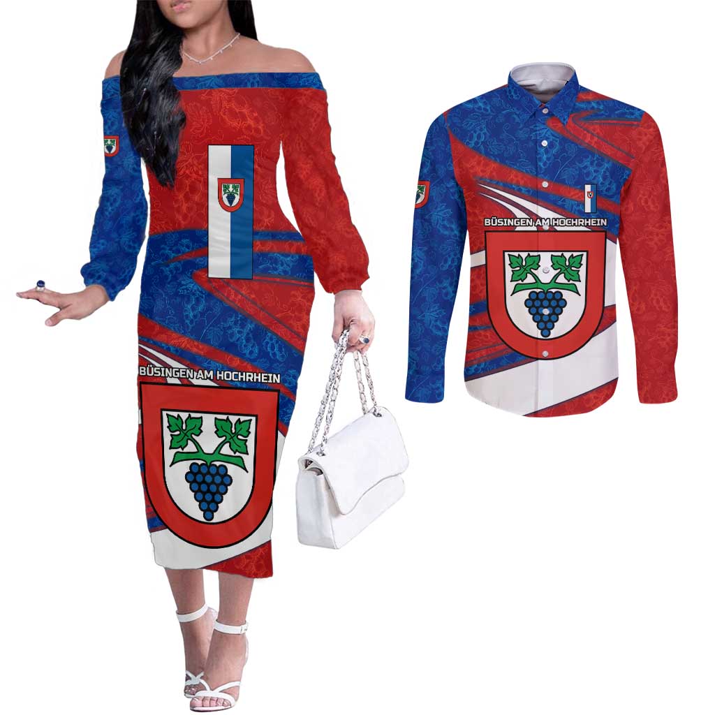 Busingen am Hochrhein Germany Couples Matching Off The Shoulder Long Sleeve Dress and Long Sleeve Button Shirt with Grape Crest Design and Red Blue Wine Theme - Wonder Print Shop