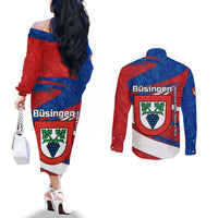Busingen am Hochrhein Germany Couples Matching Off The Shoulder Long Sleeve Dress and Long Sleeve Button Shirt with Grape Crest Design and Red Blue Wine Theme - Wonder Print Shop