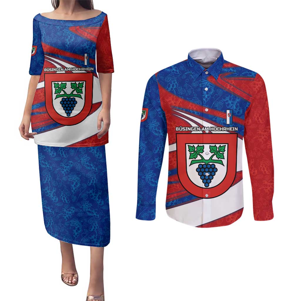 Busingen am Hochrhein Germany Couples Matching Puletasi and Long Sleeve Button Shirt with Grape Crest Design and Red Blue Wine Theme - Wonder Print Shop